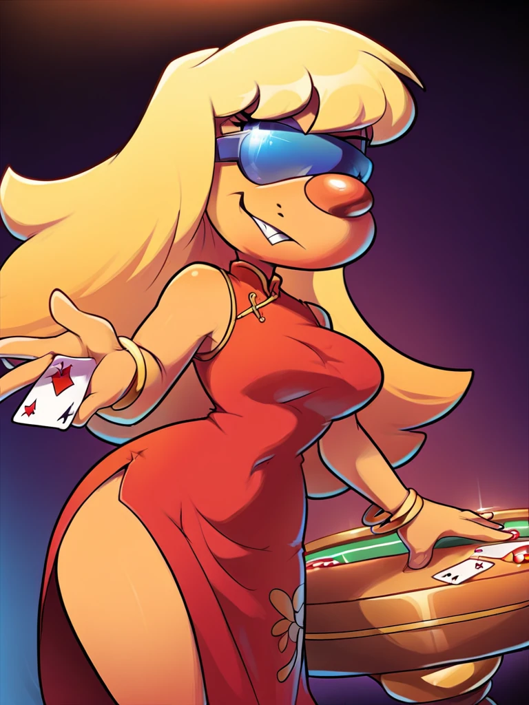 score_9, score_8_up, score_7_up, score_6_up, score_5_up, score_4_up , source_furry, Femme_Brain, blue sunglasses, red china dress, side slit, bracelet, holding card, poker table, casino, detailed background, detailed face, detailed eyes,  <lora:femme-brain-v1:1>