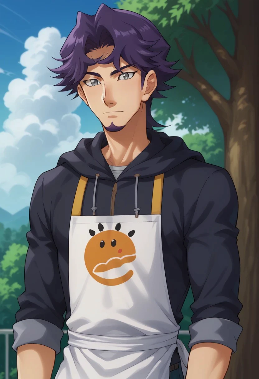 score_9, score_8_up, score_7_up, source_anime, highly detailed, 
shoichi, 1boy, solo, male focus, grey eyes, facial hair, purple hair, pants, upper body, hoodie, apron,
outdoor, sky, tree, cloud.