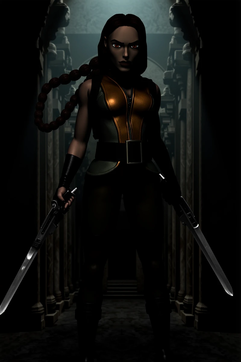 The image is a L4r4Cr0ft woman wearing a Mortal Kombat costume. She is in front of a dark temple with many intricate details.