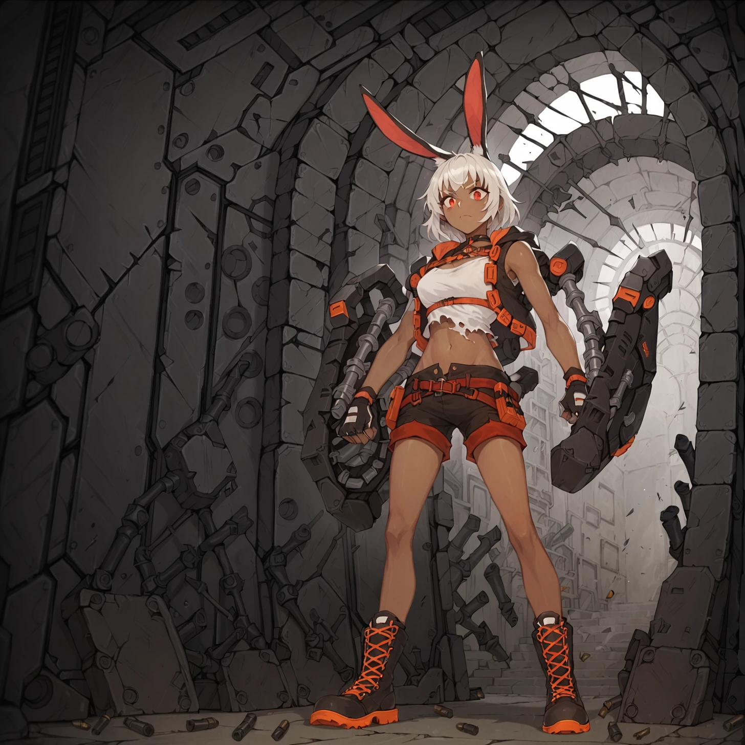 <lora:NS2000_Girls_Frontline:0.7> ns2000, dark skin, rabbit ears, white hair, bangs, red eyes, white top, midriff, shorts, boots, detached shields,  <lora:incase_2024_new_style_upscaled_with_big_images:.9>, interior, bullet holes in walls, damaged setting, score_9, score_8_up, score_7_up, masterpiece, high quality, 8K, cinematic lighting, glowing, volumetric lighting, detailed background, dramatic lighting, detailed subject,