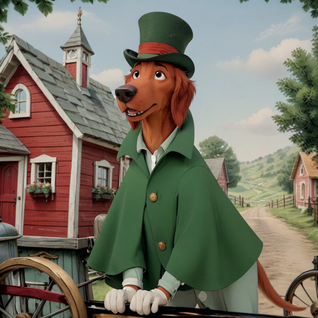 score_9, score_8_up, score_7_up, score_6_up, score_5_up, score_4_up, detailed fur, detailed face, carriage-house background, Photorealistic, realistic, masterpiece, furry male, front facing
BREAK
Shamus, dog, Irish Setter, anthropomorphic dog, cartoon dog, animal ears, long ears, floppy ears, red ears, orange fur, black eyes, brown nose, long snout, green cloak, green suit, white gloves, dark green top hat, open mouthDisney,
BREAK
<lora:add-detail-xl:1.5>