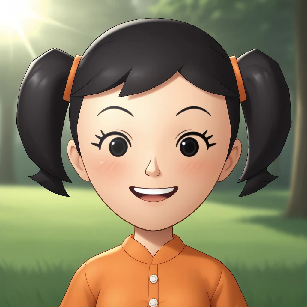 score_9, score_8, BREAK, solo, mii, wii, black hair, twintails, black eyes, dot eyes, blush, open mouth, teeth, orange clothing, black pants, barefoot, wii music, female mii, 1girl, Naoko_(\Wii_Music\), Nintendo Mii, modern_mii, classic_mii, cute, small breasts, sexy pose, smile, outdoors, sunlight, shadows, evening lighting, natural lighting, forest, trees, grass, orange sky, sunset, PONYXL_WaifuFeetPics_ownwaifu, perfect feet, soles, 4 toes in left foot, 4 toes in right foot, perfect anatomy, accurate anatomy, foot focus, feet, toes, sitting