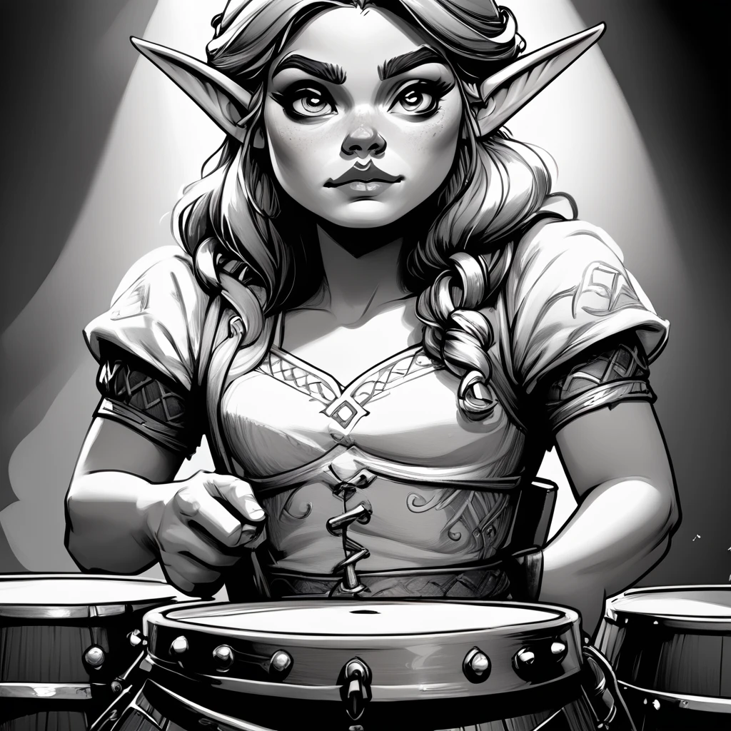 core_9, score_8_up, score_7_up,   <lora:DnDBWIllustrationPony:1> ArsMJStyle, DnDBWIllustration, monochrome, greyscale, black and white, Elf Bard Druid playing on a drum