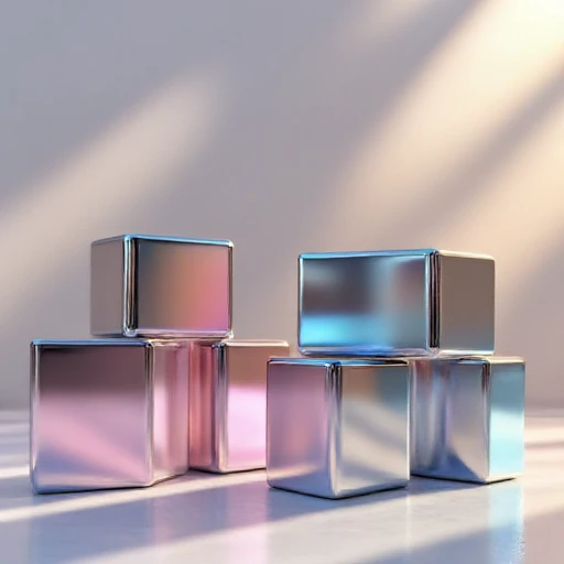 giving them a mirror-like finish. The cubes are arranged in a pyramid-like structure, reflecting the surrounding colors and light, silver material that reflects the surrounding light, CGI-rendered artwork featuring a stylized, electric blue and a soft, creating folds and waves that give depth and texture to the image.  The fabric is painted with a gradient effect, while the two bottom cubes are slightly smaller., metallic heart-shaped object. The heart is depicted in a reflective, and pinks