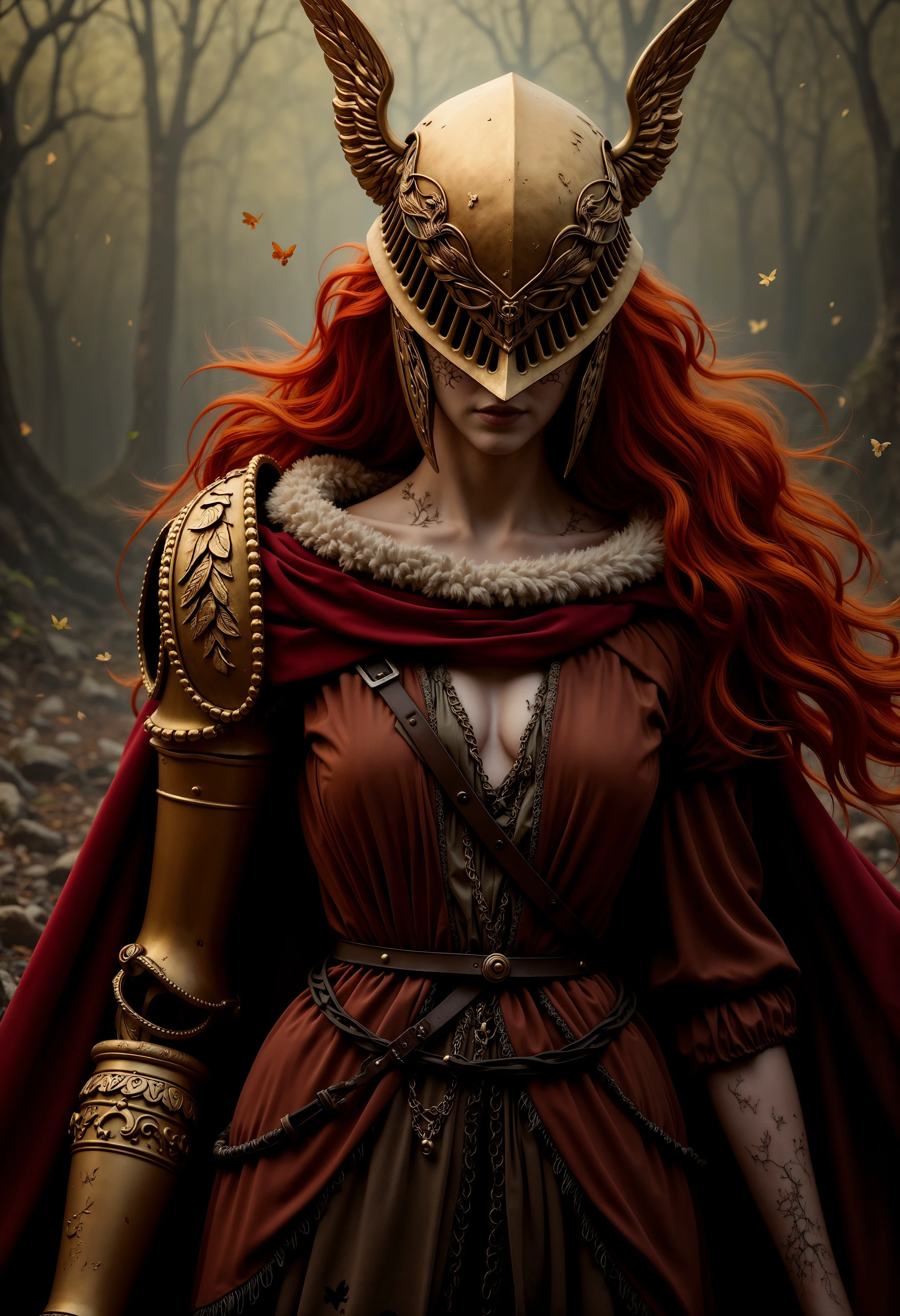 A captivating and haunting image of MaleniaNorm, her battle-worn beauty and unyielding grace captured in stunning detail. Her skin is a pale, almost ethereal tone, marked with faint scars and the wear of countless battles. Her long, fiery red hair cascades around her, contrasting sharply with her golden helm and armor, adorned with intricate thorn-like designs. She stands dressed in her iconic, tattered crimson and gold attire, the fabric and metal telling a tale of endless conflict and resilience. Her ghostly, determined eyes pierce through the scene, exuding both strength and sorrow. The high-quality rendering captures every detail of Malenia’s enigmatic and fearsome presence, drawing viewers into the dark, enchanted world of the Lands Between, where beauty and brutality coexist in a mesmerizing dance. <lora:FluxMaleniaNorm:1>