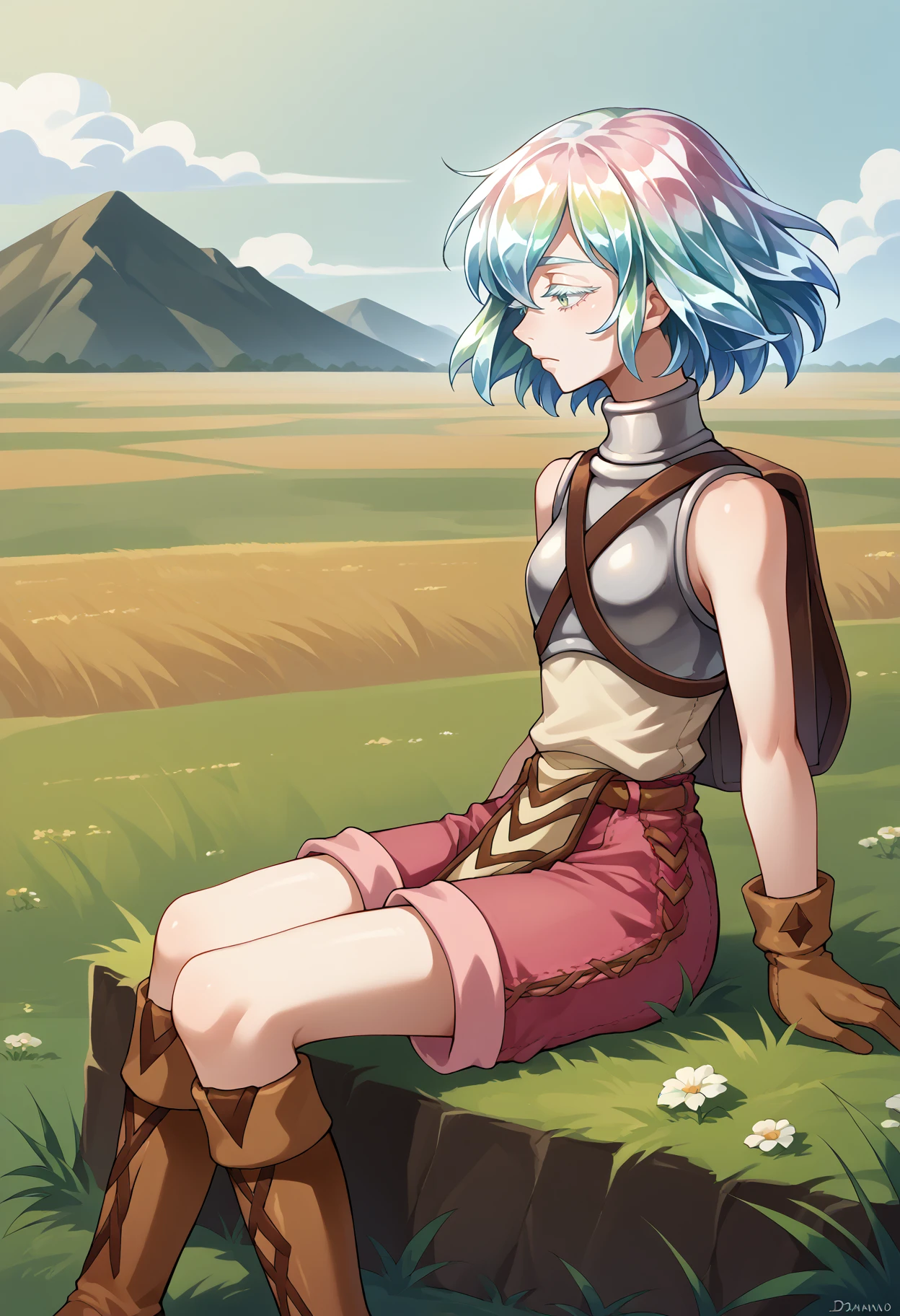 score_9, score_8_up, source_anime, hskdmnd, white skin, crystal hair, colored eyelashes, multicolored hair, short hair, NoviceClothes, breastplate, brown belt, backpack, pink shorts, pelvic curtain, brown gloves, brown boots, sitting, outdoors, field, grass, wind, <lora:ChamRagnarokOnlineNovicePonyXL:1>, <lora:Hoseki_HousekiNoKuni_Diamond_PDXL_v1:1>