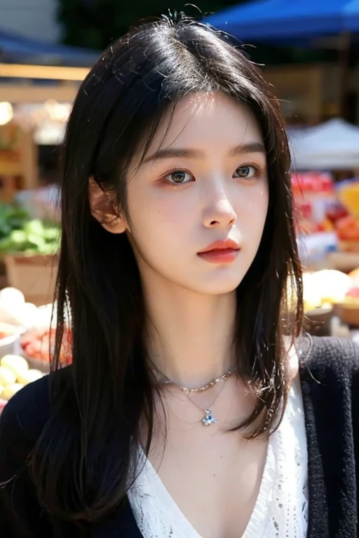 masterpiece, best quality, ultra-detailed, ultra high res, (photorealistic:1.4), raw photo, (realistic:0.2), 8k HDR, realistic lighting, looking at viewer, 1girl, solo, asymmetrical hair, bangs, outdoor, sky, (traditional market:1.2), bokeh, (detailed lips), (day), (detailed pores), (detailed skin textures), (detailed face:1.2), (body:1.2), cowboy shot, a woman portrait in a cardigan, necklace