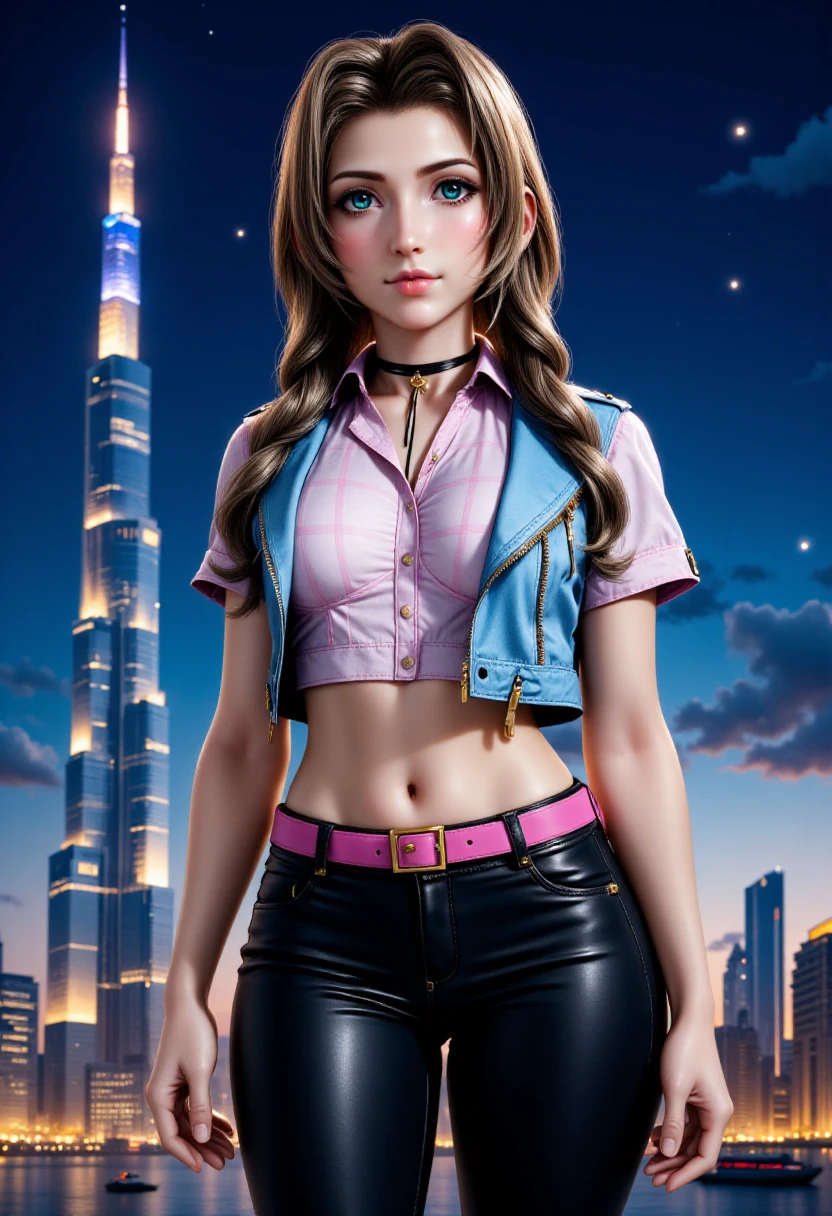 <lora:Aerith_FX_V2:1> Aer1th, realistic anime style. She is standing confidently in a cityscape, with a hint of makeup. Her skin is fair with a slight blush on her cheeks, and she has a slender, petite build. She wears a form-fitting, pink and pastel blue plaid button-up shirt that is slightly unbuttoned to reveal a hint of her midriff. Over this, she dons a light blue denim jacket with a pink plaid lining on the sleeves, adding a rugged, edgy touch. Her outfit is completed with tight black leather pants that accentuate her figure, secured with a pink belt.
In the background, the cityscape features a towering, futuristic skyscraper with a slender, pointed tip, likely the Burj Khalifa in Dubai, and a cluster of other buildings, suggesting a modern urban environment. The sky is a midnight blue with scattered white stars, casting a low light that highlights the details of the scene and the woman's attire. The overall style of the illustration is realistic with a slight emphasis on hyper-realism, capturing both the subject and the environment in meticulous detail. <lora:RealisticAnimeFlux_v2:0.8>