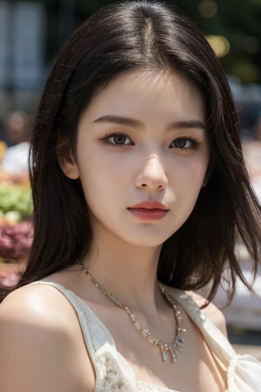 masterpiece, best quality, ultra-detailed, ultra high res, (photorealistic:1.4), raw photo, (realistic:0.2), 8k HDR, realistic lighting, looking at viewer, 1girl, solo, asymmetrical hair, bangs, outdoor, sky, (traditional market:1.2), bokeh, (detailed lips), (day), (detailed pores), (detailed skin textures), (detailed face:1.2), (body:1.2), cowboy shot, a woman portrait in a sundress, necklace