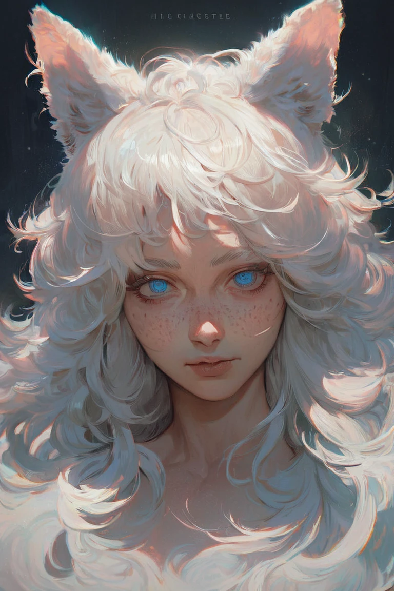 score_9, score_8_up, score_7_up, source_anime, hi res, masterpiece, best quality, highres, (curvy), detailed face, detailed eyes, 1girl, solo, dark theme, upper body, looking at viewer, long hair, white hair, blue eyes, wolf ears, freckles