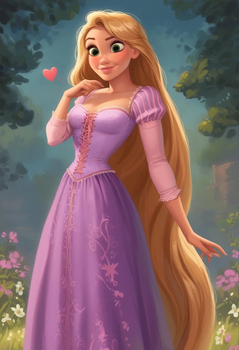 score_9, score_8_up, score_7_up, score_6_up, score_5_up, score_4_up, sexy girl, 
1girl, Rapunzel, Disney, \(Tangled\)/,(ultra HD quality details), green eyes, large green eyes, brown eyelashes, blonde hair, straight hair, pale skin, very long hair, long hair, beautiful face, cute, pink lips, rosy cheeks, light freckles around her nose,
Dress, Dirndl, purple dress with a pink accent, lavender corset top, puffy sleeves, laced, pink ribbon, long skirt,
makeup, modest look, seducing viewer, hearts, posing, sexy pose, solo, large saggy boobs, fantasy forest, apple tree, submission, flowers, sun light, cinematic lightings