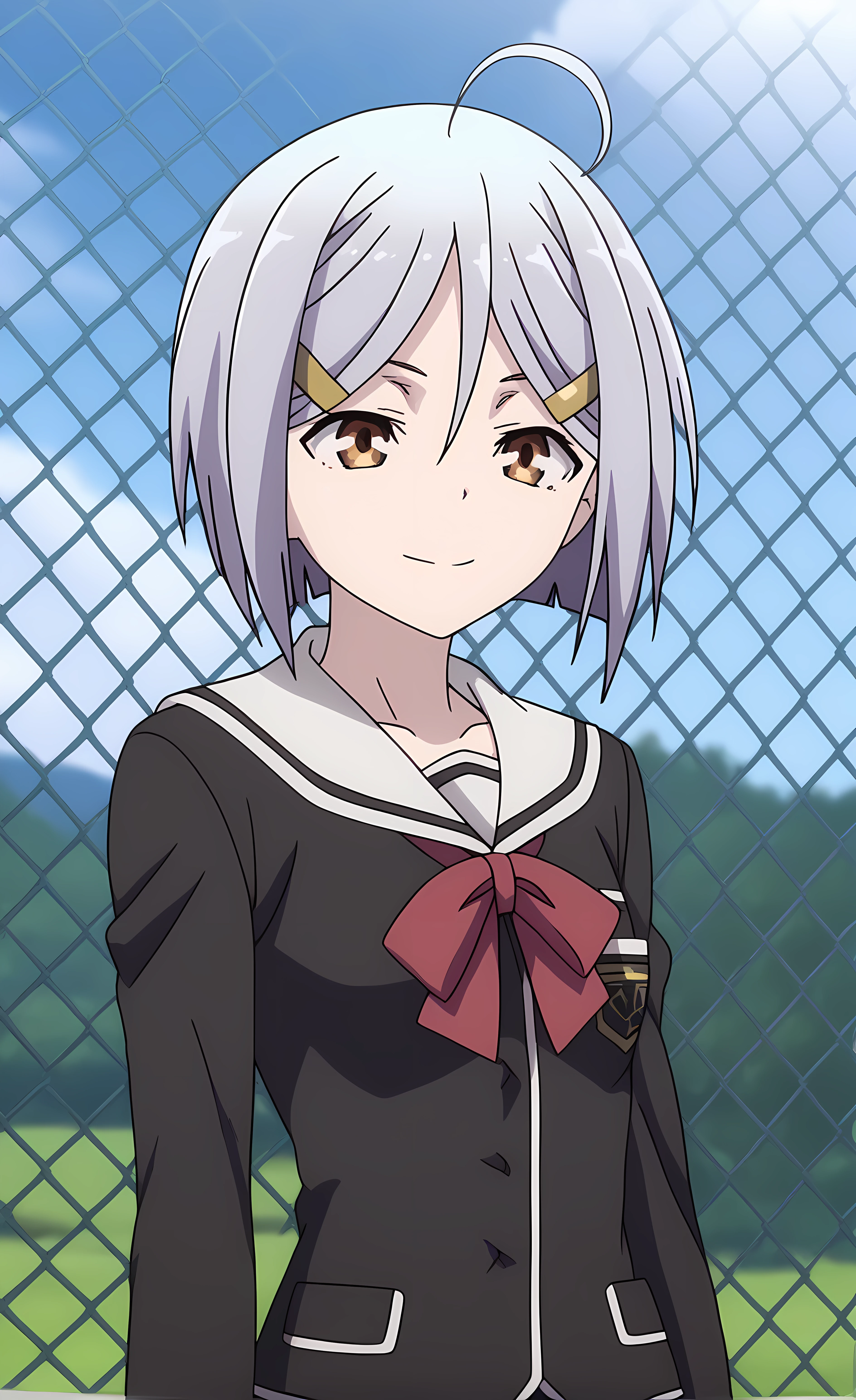 score_9, score_8_up, score_7_up source_anime,closed mouth, shiny skin, light smile,ohwx, 1girl, short_hair, solo, grey_hair, ahoge, brown_eyes, hair_ornament, hairclip, yellow_eyes, hair_between_eyes, solo_focus,school_uniform, serafuku, skirt, jacket, blazer, shirt, long_sleeves, ribbon, bow, Leaning on an invisible fence, celestial cafe with floating tables,<lora:hijiri_kasuga_pony_sobsynapse-000010:1>