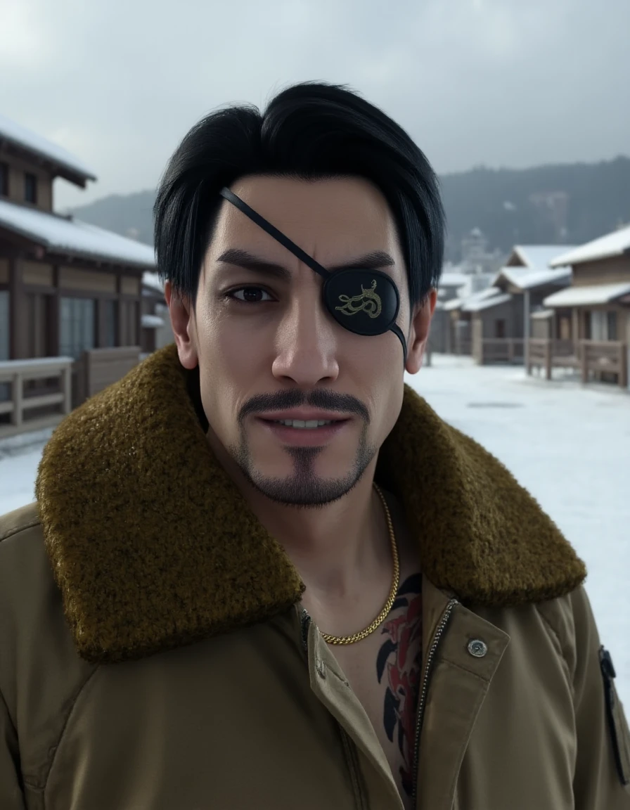 <lora:Goro_Majima:0.8>  Upper-body photo of Goro Majima wearing snake motif eyepatch, golden chain necklace and brown jacket with fur collar. He has messy hair and messy beard and moustache. He is smiling. The background implies a snowy Japanese village.