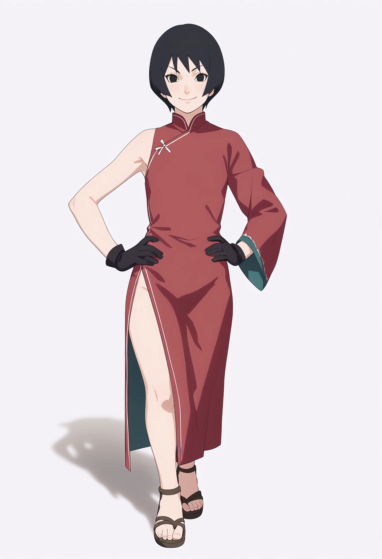 score_9, score_8_up, score_7_up,  BREAK,
1girl, kurotsuchi, black eyes, black hair, short hair,
red dress, gloves, sandals, side slit, single sleeve,
hands on hips, smile, standing, full body, looking at viewer, solo, simple background, white background    <lora:KurostuchiXL_byKonan:1>