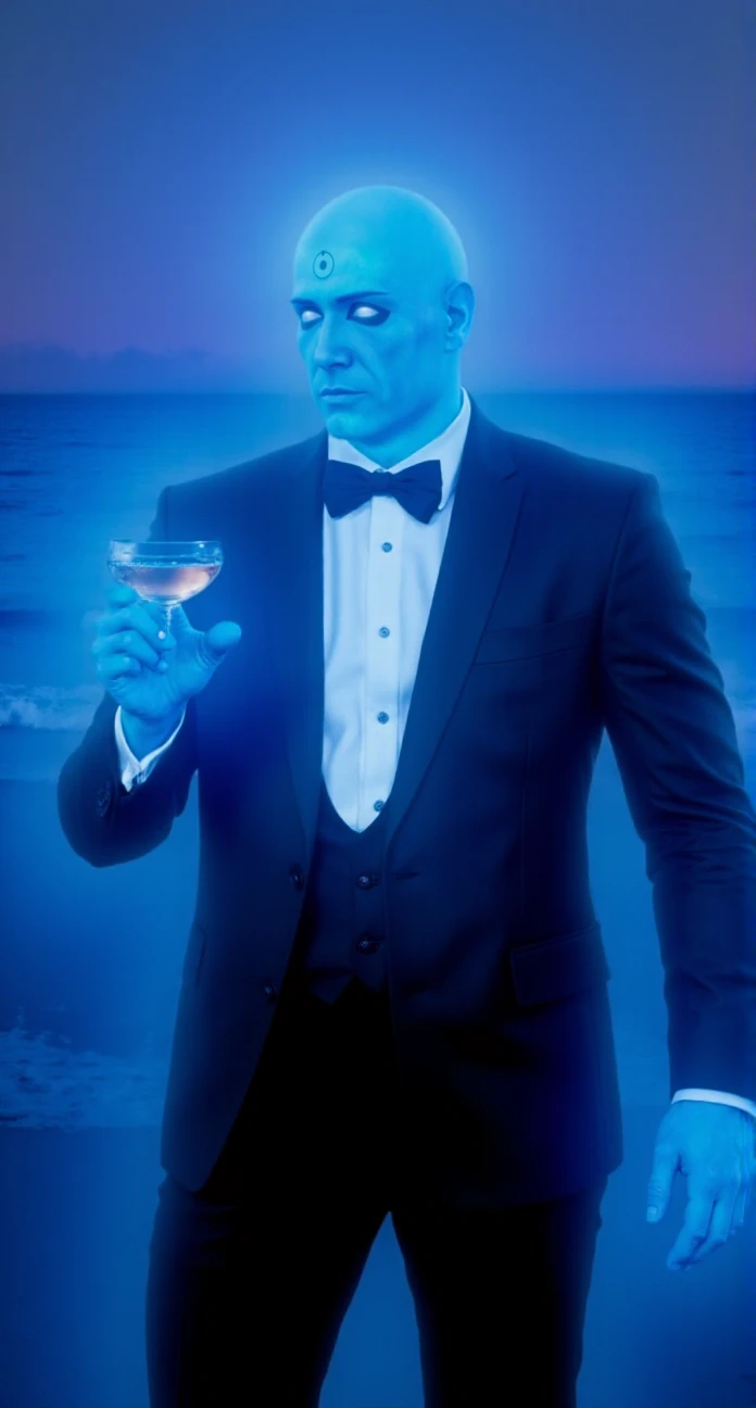 DrManhattan is a bald blue man glowing. he is wearing a tuxedo and having a cocktail on the beach <lora:DrManhattan:0.9>