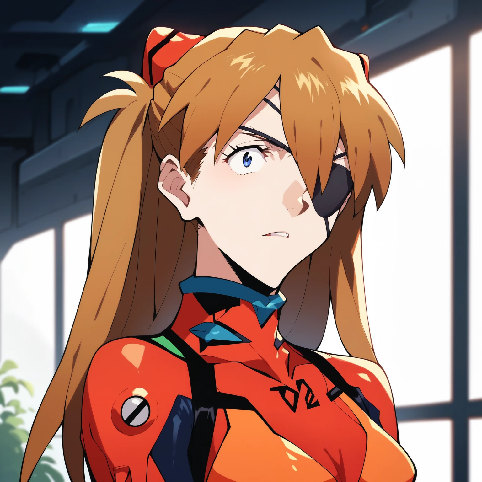 score_9, score_8_up, score_7_up, source_anime, official_style, asuka langley, 1girl, brown hair, black eyepatch, looking at viewer, parted lips, plugsuit, red bodysuit, pilot suit, portrait, upper body, indoors,