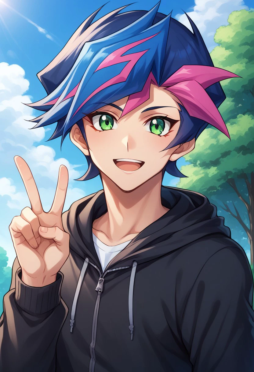 score_9, score_8_up, score_7_up, source_anime, highly detailed, 
yusaku, 1boy, green eyes, male focus, solo, blue hair, v, multicolored hair, hood, pink hair, hoodie, open mouth,
smile, looking at viewer, upper body, two-tone hair, upper body,
outdoor, sky, tree, cloud