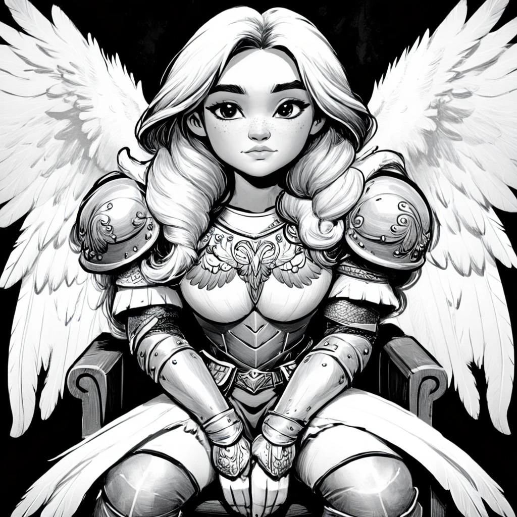 <lora:DnDBWIllustration:1> ArsMJStyle, DnDBWIllustration, Aasimar, The image shows a black and white drawing of an angel with wings sitting on a chair against a black background., 1girl, monochrome, greyscale, solo, armor, wings, shoulder armor, looking at viewer, sitting, long hair