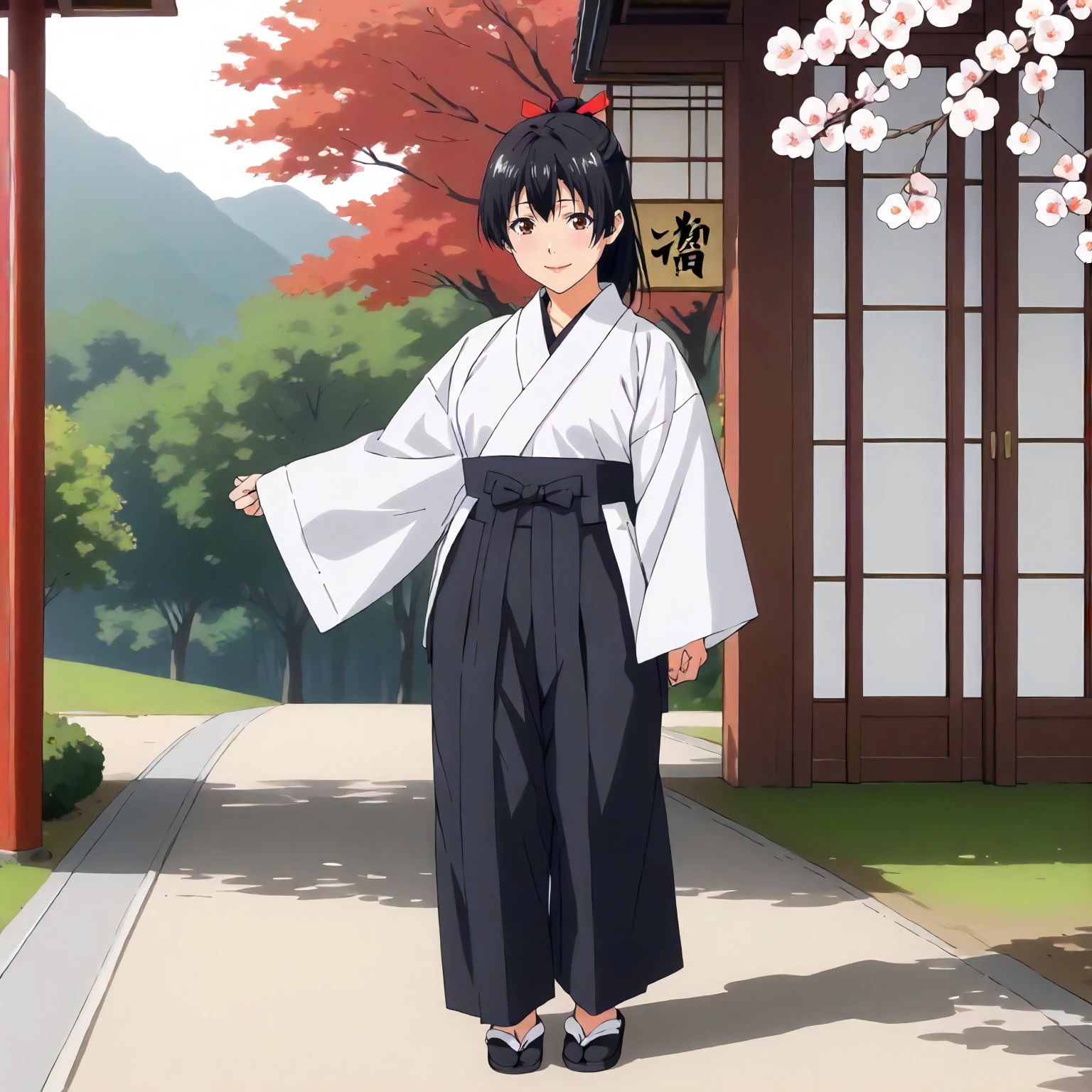 <lora:ToY_AoiXLpony002>,
outdoors,nature,
smile,
solo,
Aoi,1girl,black hair,ponytail,red hairbow,brown eyes,
white kimono,dougi,
hakama_skirt,black hakama,black hakama,
full body,standing,