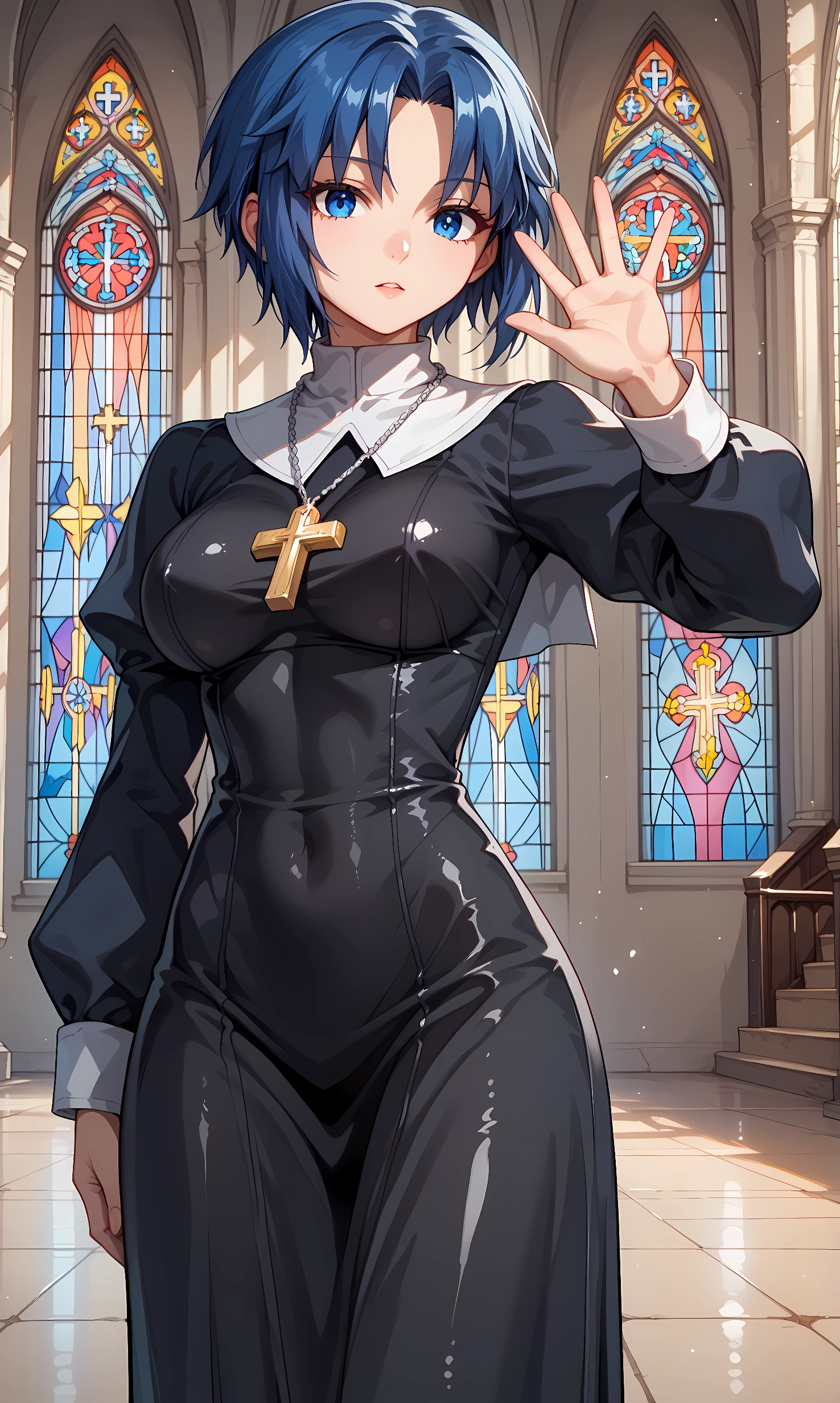 score_9, score_8_up, score_7_up, BREAK source_anime, 1girl, solo, indoors, church, stained glass, cowboy shot, standing, looking at viewer, ciel, shiny skin, blue eyes, short hair, blue hair, black dress, nun dress, traditional nun, cross necklace, long dress, waving, close-up