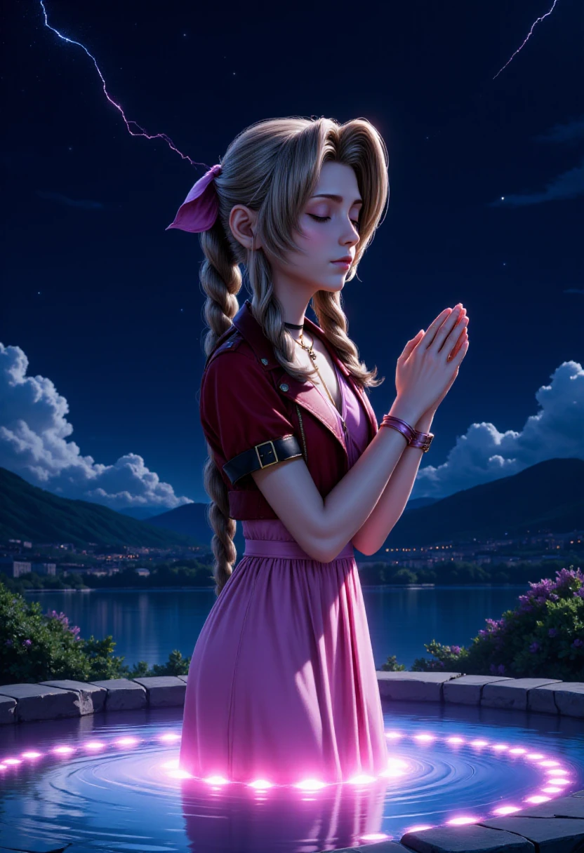 <lora:Aerith_FX_V2:1> side view, realistic anime picture of aer1th,  closing her eyes and pressing her hands together in prayer. She is standing in a glowing pool of water, at night, with a shooting start in the sky. wearing a cropped red jacket, pink dress and a pink hair bow.  <lora:RealisticAnimeFlux_v2:0.8>