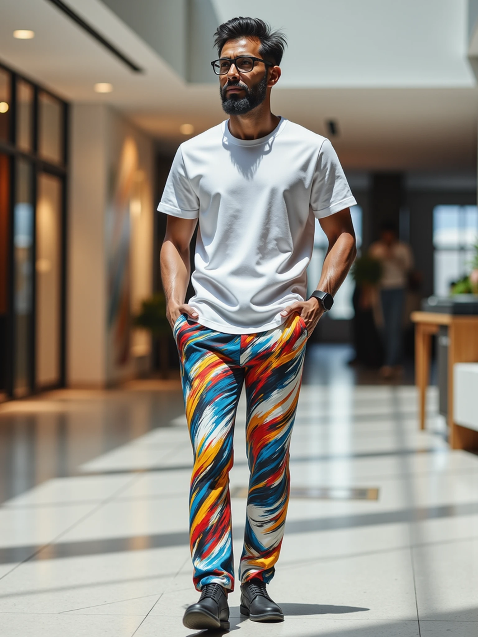 "man wearing a mad-clrflxprssnstc pants and white tshirt walking through mall <lora:colorful-expressionistic-pattern-flux:1>"