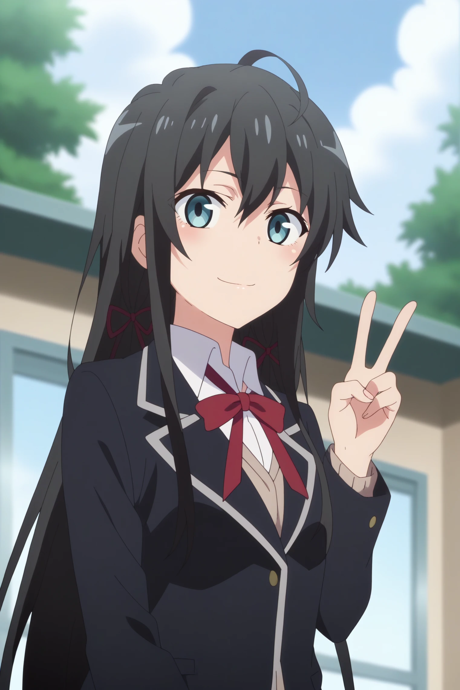 yukinoshita yukino,1girl,long hair,solo,school uniform,sobu high school uniform,ribbon,hair ribbon,jacket,hair between eyes,black jacket,looking at viewer,blazer,outdoors,ahoge,windows,blue sky,dutch angle ,plant,smile,upper body,peace sign <lora:Yukinoshita_Yukino_-_Yahari_Ore_no_Seishun_Love_Come_wa_Machigatteiru.safetensors:0.8>