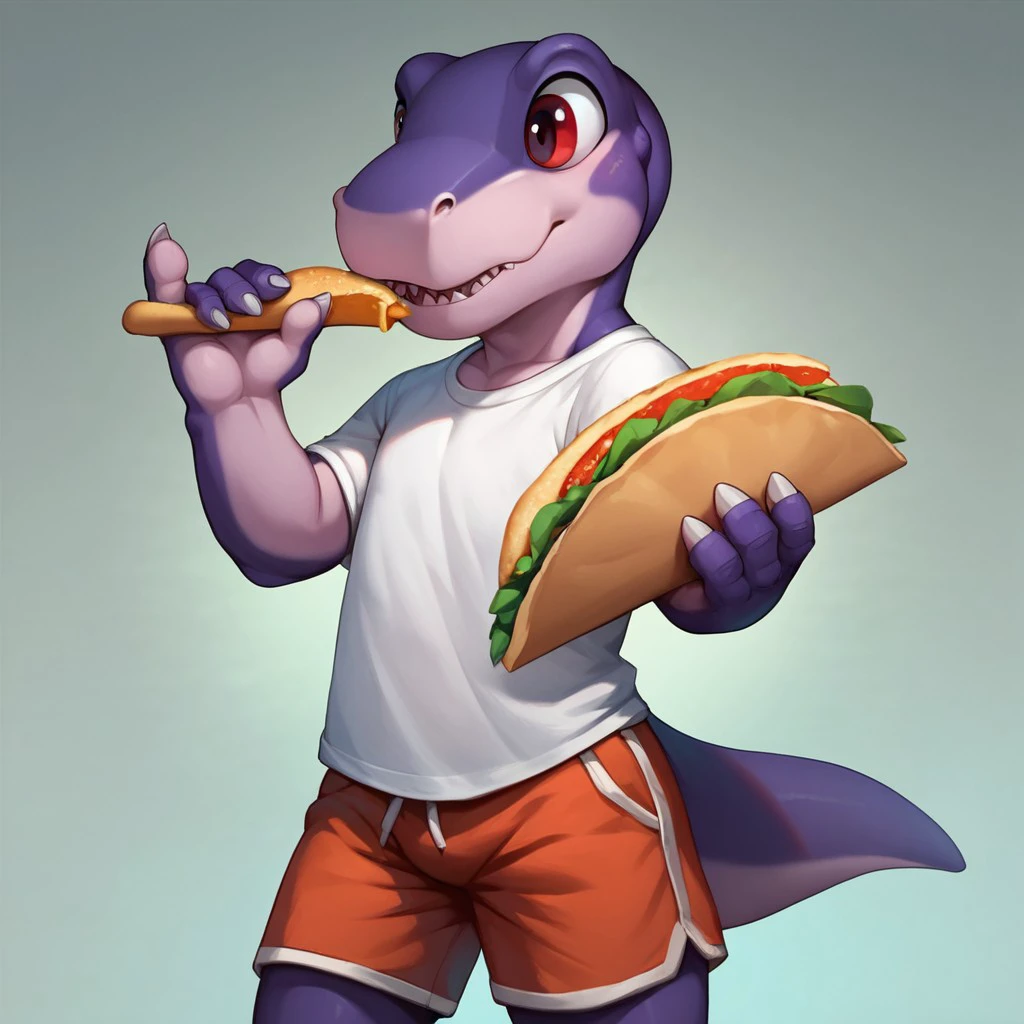 score_9, score_8_up, score_7_up, score_6_up, source_furry, Chomperlbt, anthro, male, Tyrannosaurus, theropod, bipedal, dinosaur, scalie, purple skin, red eyes, young anthro,, shirt, shorts, holding a taco, <lora:aae7a834-1902-4192-a220-a708e8ffc546:0.7>