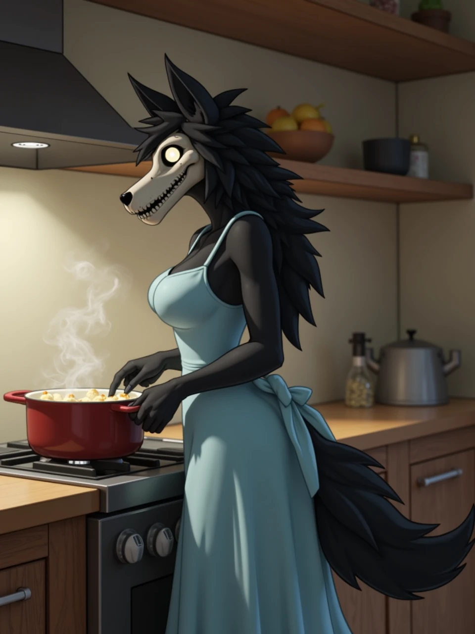 A digital artwork of scp-1471, a female monster with a canine skull head and glowing pupils. In a quaint kitchen with rustic wooden shelves, a female monster named SCP-1471 with a black fur is dressed in a light blue sundress, its fabric flowing gently as she moves about. She stands at the counter, stirring a pot on the stove, while the aroma of something delicious fills the air. The scene is calm and peaceful, as if she's preparing a simple meal.