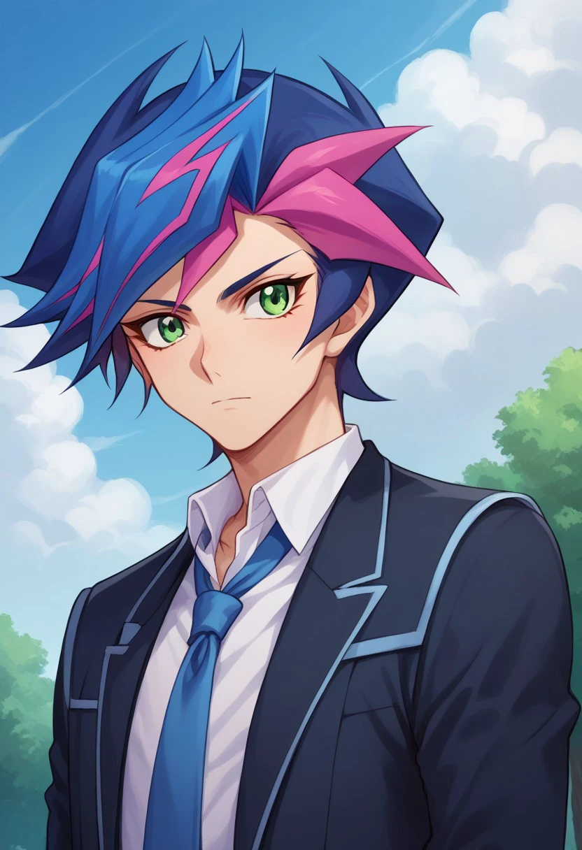 score_9, score_8_up, score_7_up, source_anime, highly detailed, 
yusaku, 1boy, male focus, necktie, solo, school uniform, green eyes, multicolored hair, blue hair, 
two-tone hair, pink hair, blue necktie, blazer, upper body
outdoor, sky, tree, cloud