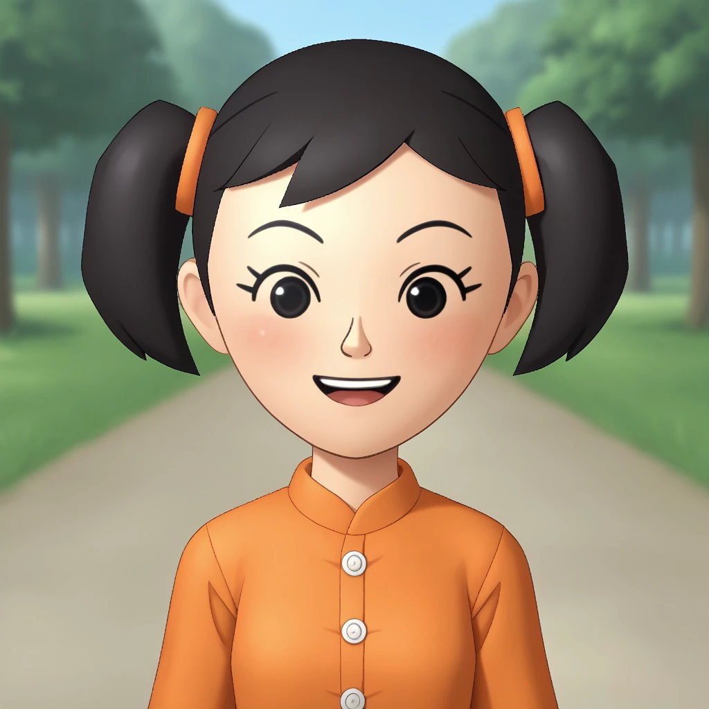 score_9, score_8, BREAK, solo, mii, wii, black hair, twintails, black eyes, dot eyes, blush, open mouth, teeth, orange clothing, black pants, barefoot, wii music, female mii, 1girl, Naoko_(\Wii_Music\), Nintendo Mii, modern_mii, classic_mii, cute, small breasts, sexy pose, smile, outdoors, sunlight, shadows, evening lighting, natural lighting, forest, trees, grass, orange sky, sunset, PONYXL_WaifuFeetPics_ownwaifu, perfect feet, soles, 4 toes in left foot, 4 toes in right foot, perfect anatomy, accurate anatomy, foot focus, feet, toes, sitting