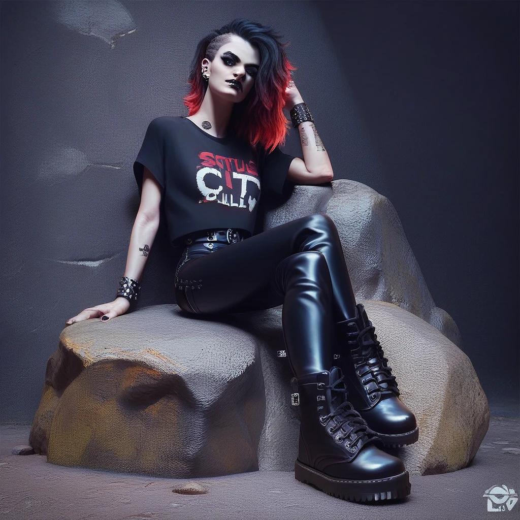 score_9_up, score_8_up, score_7_up, best quality, high quality, masterpiece, hyperrealistic, 1girl, sitting, goth girl, legs crossed, spiky gradient hair, black logo tshirt, leather trousers, studs, dm boots, black dm boots, rock club, dimly lit, neon light