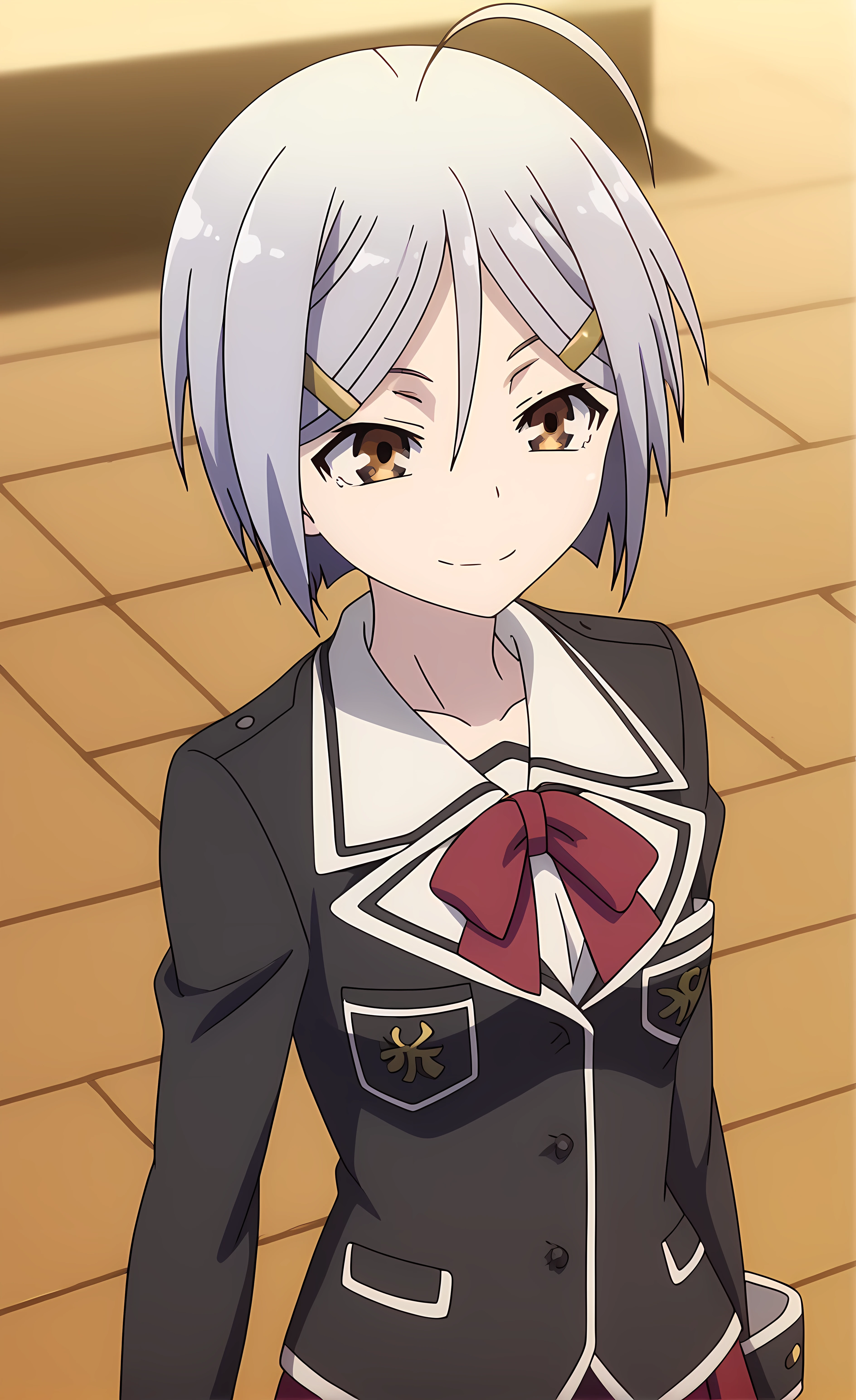 score_9, score_8_up, score_7_up source_anime,closed mouth, shiny skin, light smile,ohwx, 1girl, short_hair, solo, grey_hair, ahoge, brown_eyes, hair_ornament, hairclip, yellow_eyes, hair_between_eyes, solo_focus,school_uniform, serafuku, skirt, jacket, blazer, shirt, long_sleeves, ribbon, bow, Pretending to paddle a canoe, wild west town,<lora:hijiri_kasuga_pony_sobsynapse-000010:1>