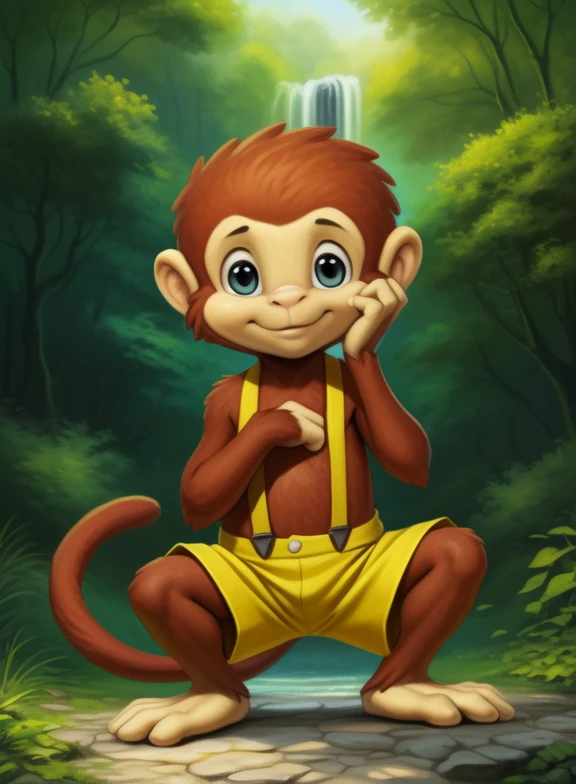 <lora:YoyoAmyRosMilPowYif:1>  YoyoAmyRosMilPow, monkey, brown fur, yellow pants with suspenders, small, chibi
Looks at the viewer, [  solo, (nature), forest, day, clouds, waterfall, smile ]  ((cowgirl position,))
(beautiful, aesthetic, perfect, delicate, intricate, saturated colors), masterpiece, digital drawing, best quality,
[by kenket|by totesfleisch8], by thebigslick:by silverfox5213:0.8], [by syuro, by paloma-paloma::0.2, (Tricksta, TotesFleisch8)