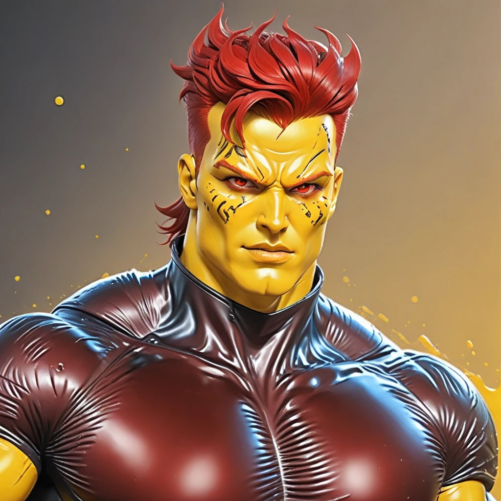 captainpollution, portrait, face, close up portrait, man, 1man, blender, yellow skin, red hair, red eyes, yellow face, dirty skin, super hero suit, red crop top, red cropped top, red cropped t-shirt, yellow stomach, navel, black belt with a golden buckle, red short pants, red boots with black sole, red gloves, smooth, detailed, comic book style, plain solid background, masterpiece, 4k, mud spots on face, mud spots on yellow skin, 3D