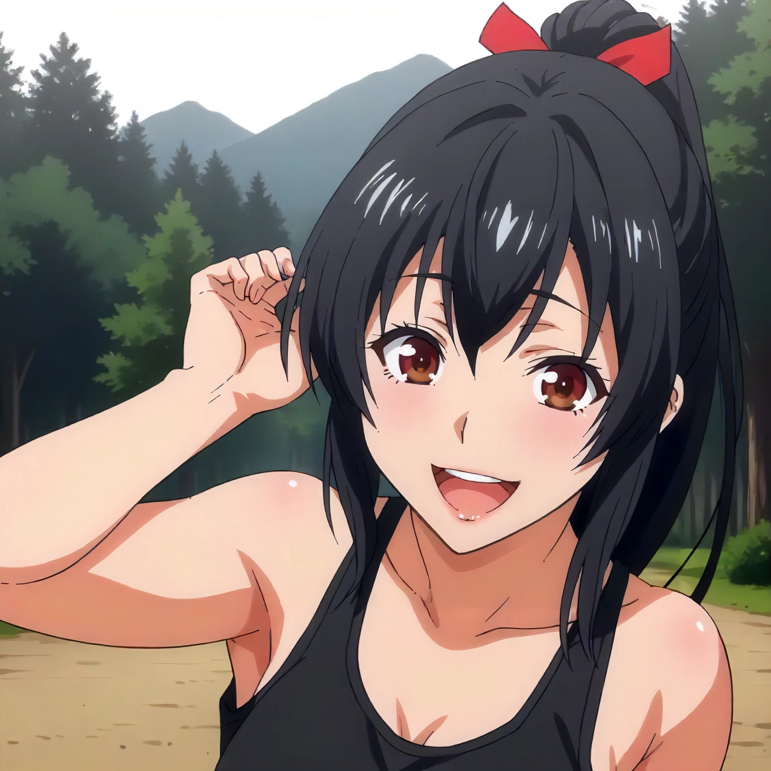 <lora:ToY_AoiXLpony002>,
outdoors,nature,
smile,open mouth,
solo,
Aoi,1girl,black hair,ponytail,red hairbow,brown eyes,
black tank top,
upper body,