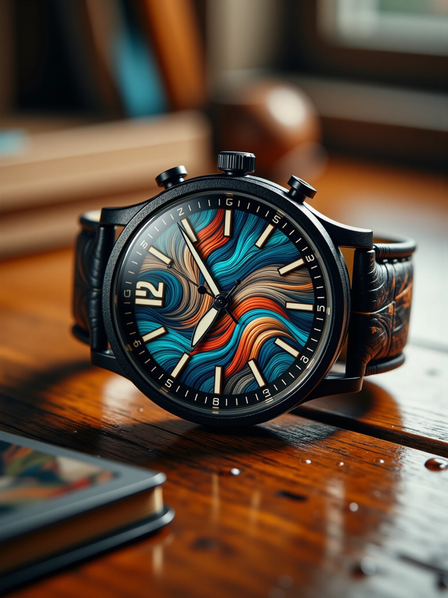 "close-up of a mad-clrflxprssnstc watch with leather wristband lying on a wooden table and covered with water droplets, spotlight, reflection <lora:colorful-expressionistic-pattern-flux:1>"