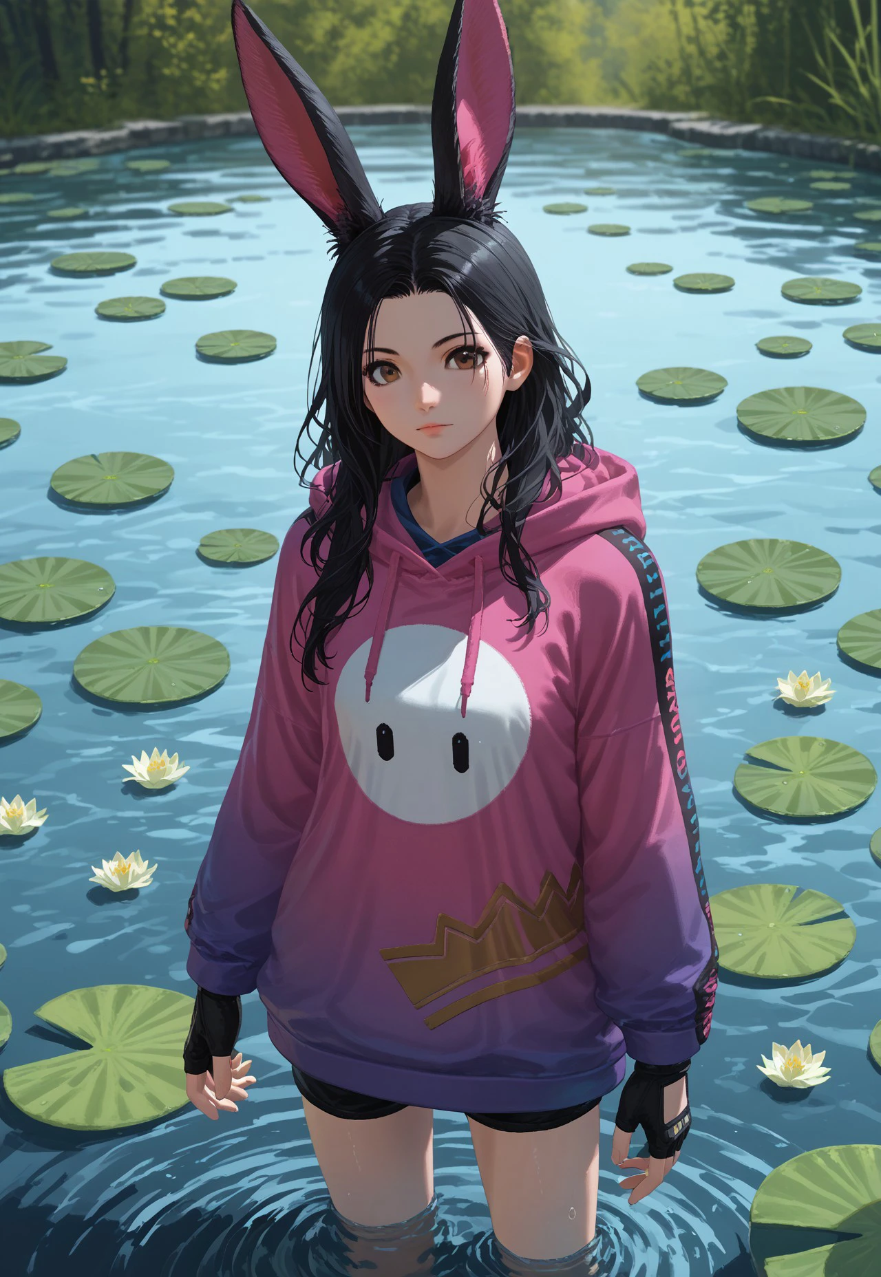 gentlebean_ffxiv, 1girl, solo, rabbit ears, animal ears, black hair, long hair, hood, water, hoodie, looking at viewer, lily pad, pond, standing, brown eyes, fingerless gloves, ultra hd, 32k BREAK PonyXLV6_Scores