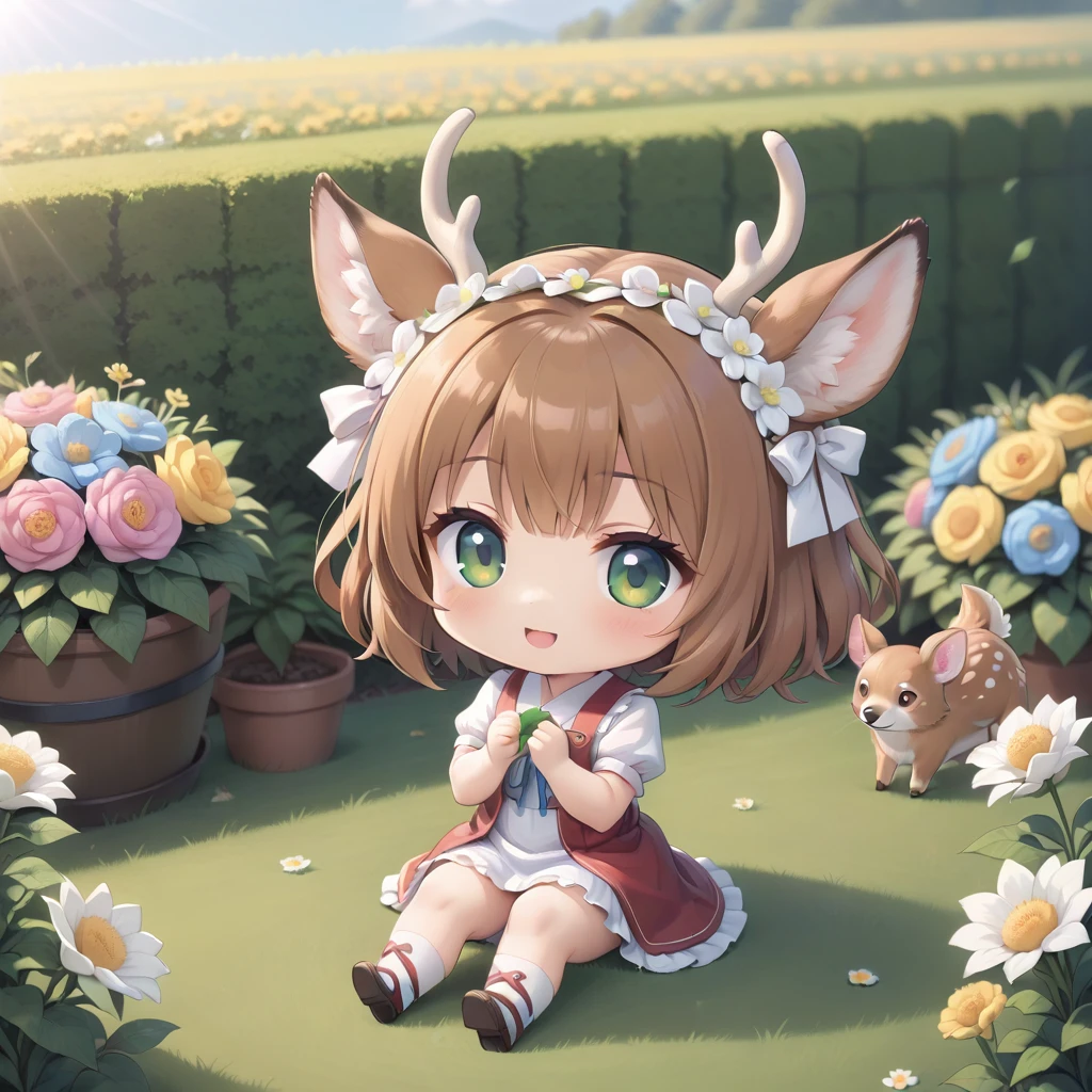 chibi deer girl, sitting in flower garden