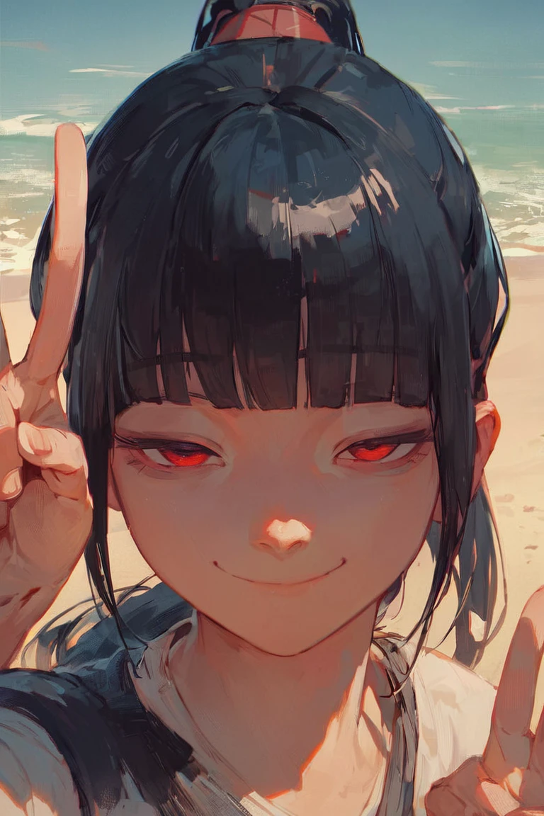 score_9, score_8_up, score_7_up, source_anime, hi res, masterpiece, best quality, highres, 1girl, black hair, ponytail, red eyes, blunt bangs, sidelocks, half-closed eyes, smile, closed mouth, v, beach