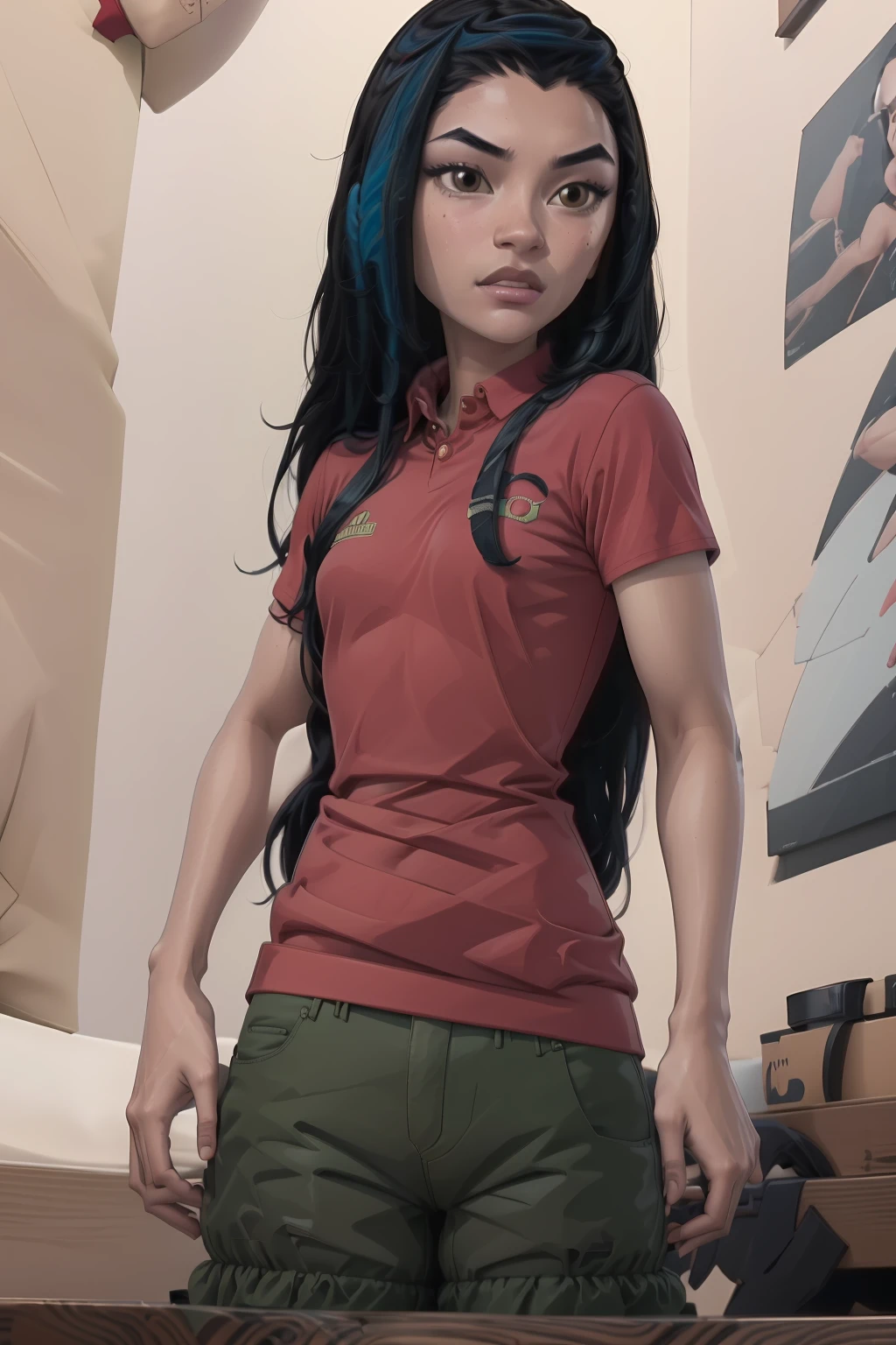 <lora:kai-09:1> kai, long hair, dark skin, red shirt, green shorts, masterpiece, best quality