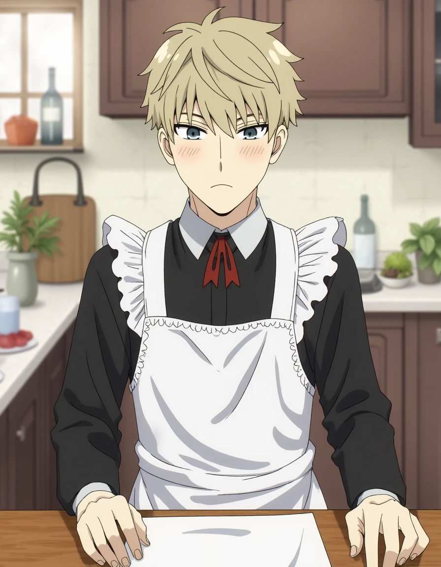 an anime style illustration of loidforger man, messy hair with bangs, front view, serious face, blushing, looking at viewer, he is wearing a black and white lace maid dress, in a modern kitchen