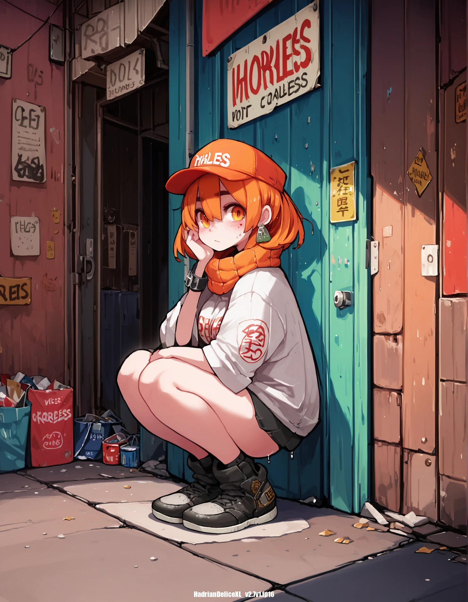 scorce_9,score_8_up,score_7_up,score_6_up,score_5_up, hd5,tnsk,uncensored, <lora:tnsk_pony_v2.0_27a.safetensors:1> official art,1girl,solo,character,full body,game,homeless,squatting