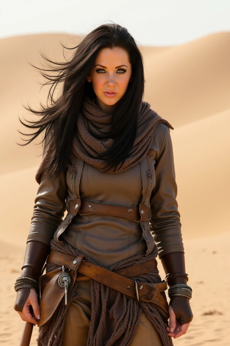 A resilient woJ4yd3nJ4y with her long black hair wrapped in a scarf, her grey-blue eyes scanning the vast desert horizon. She stands in front of towering sand dunes, dressed in layered, weathered clothing, carrying a staff as the wind whips around her.