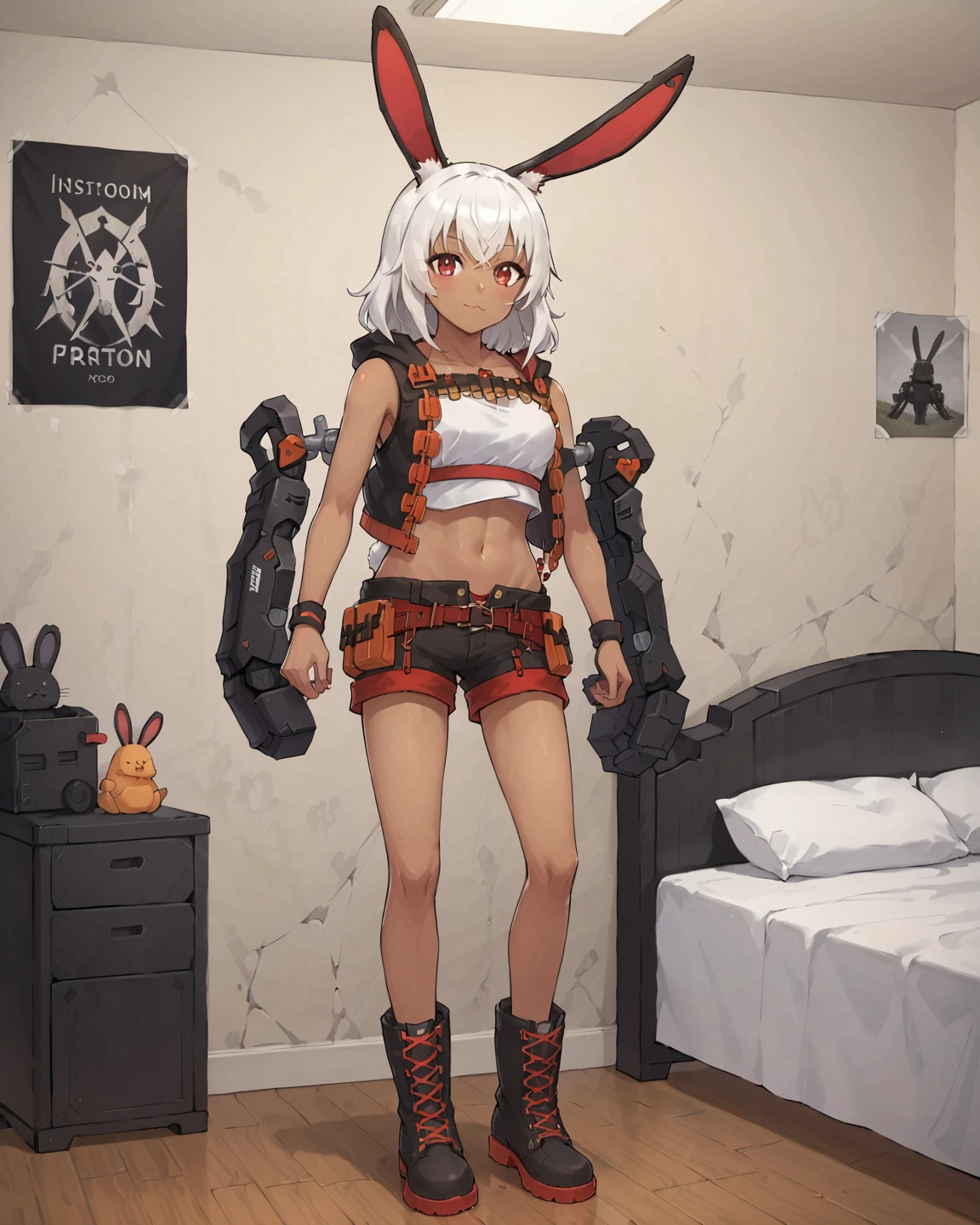 <lora:NS2000_Girls_Frontline:0.8> ns2000, dark skin, rabbit ears, white hair, bangs, red eyes, white top, midriff, shorts, boots, detached shields, standing, sitting on bed, poster on wall, sitting down