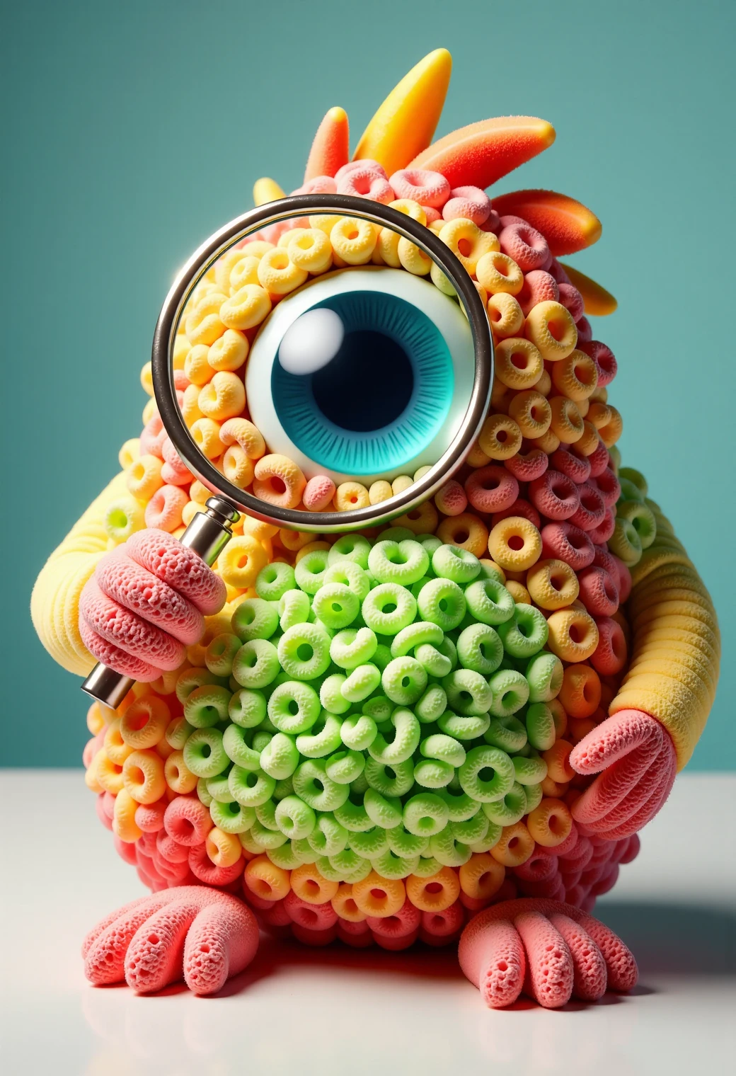 a fat fluffy creature looking through a magnifying glass and having a giant eye because of the magnifying glass the atmosphere of the picture is funny ,vibrant colors, positive emotional, hyperdetailed made out of frootloops,  <lora:flux-frootloops-000008:1>,