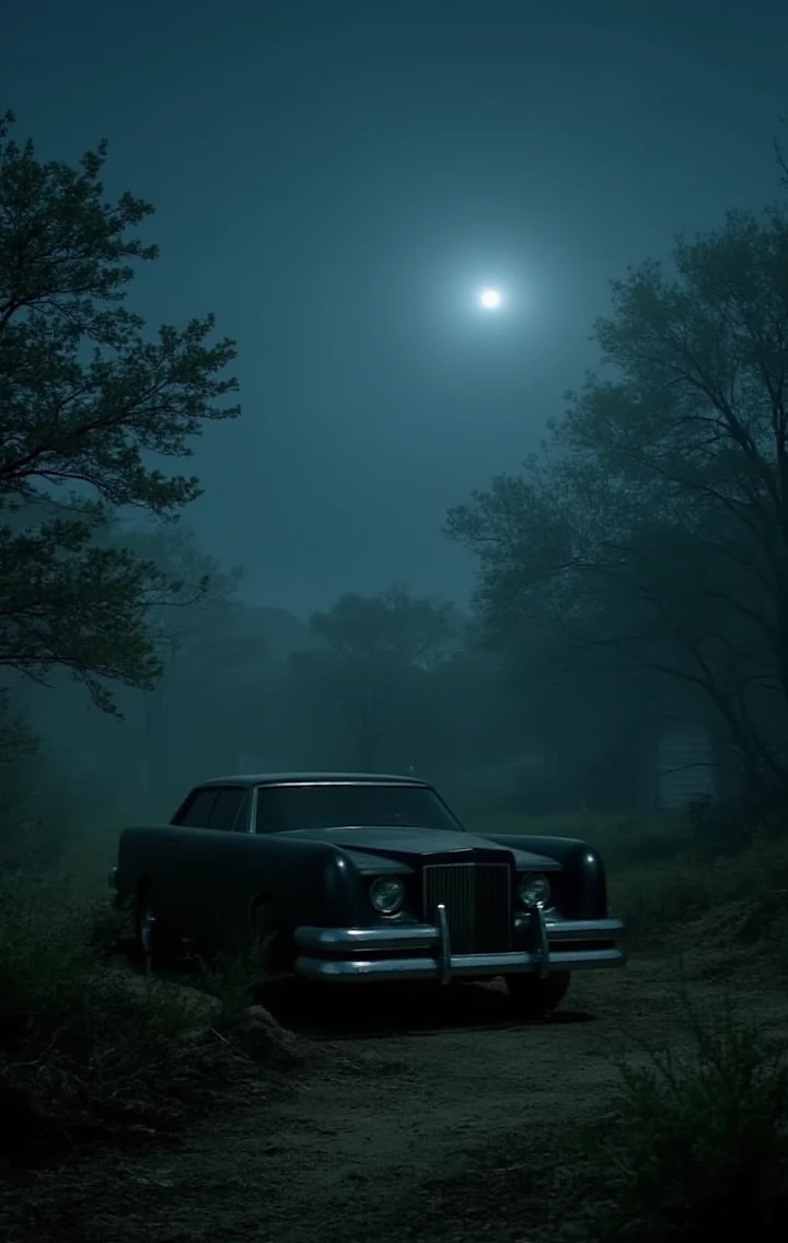 The car parked in a cemetery  at night with zombies and the words "The Car"