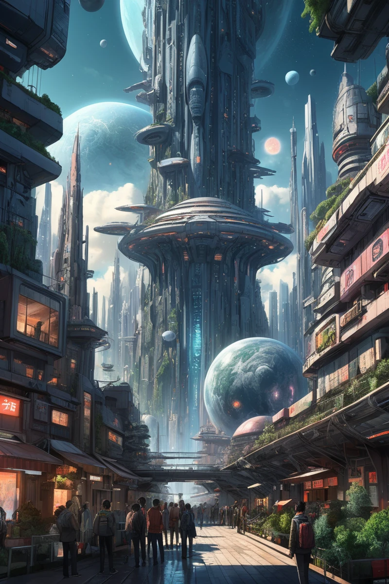 space themed anime, hyperdetailed, UHD 16K,Fantasy,masterpiece drawing, score_9, score_8, score_7, strange futuristic city, towering buildings,Busy city,full of strange creatures, sharp,moody,intricate viewed from a city park.