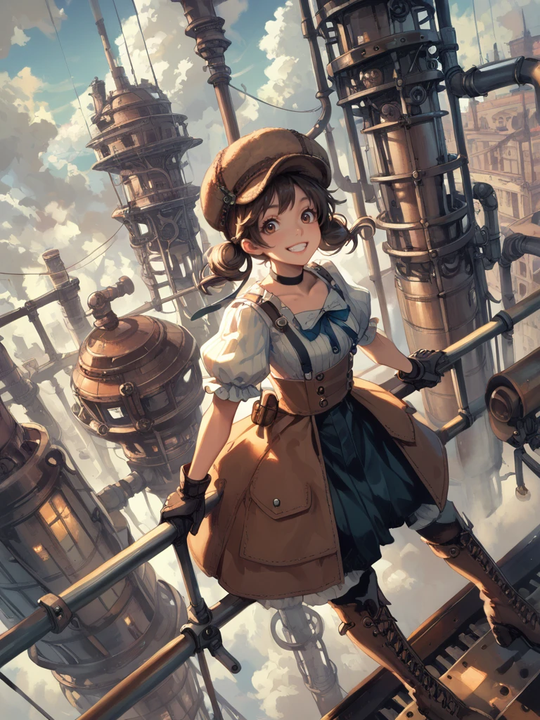 score_9,score_8_up,score_7_up,source_anime,detailed face,higres illustration,1girl,<lora:sky_world:1>,sky world,cloud,knee boots,grin,brown hair,puffy sleeves,standing,brown eyes,suspenders,bow,brown headwear,black choker,above sky,standing on steel pipe,leather glove,