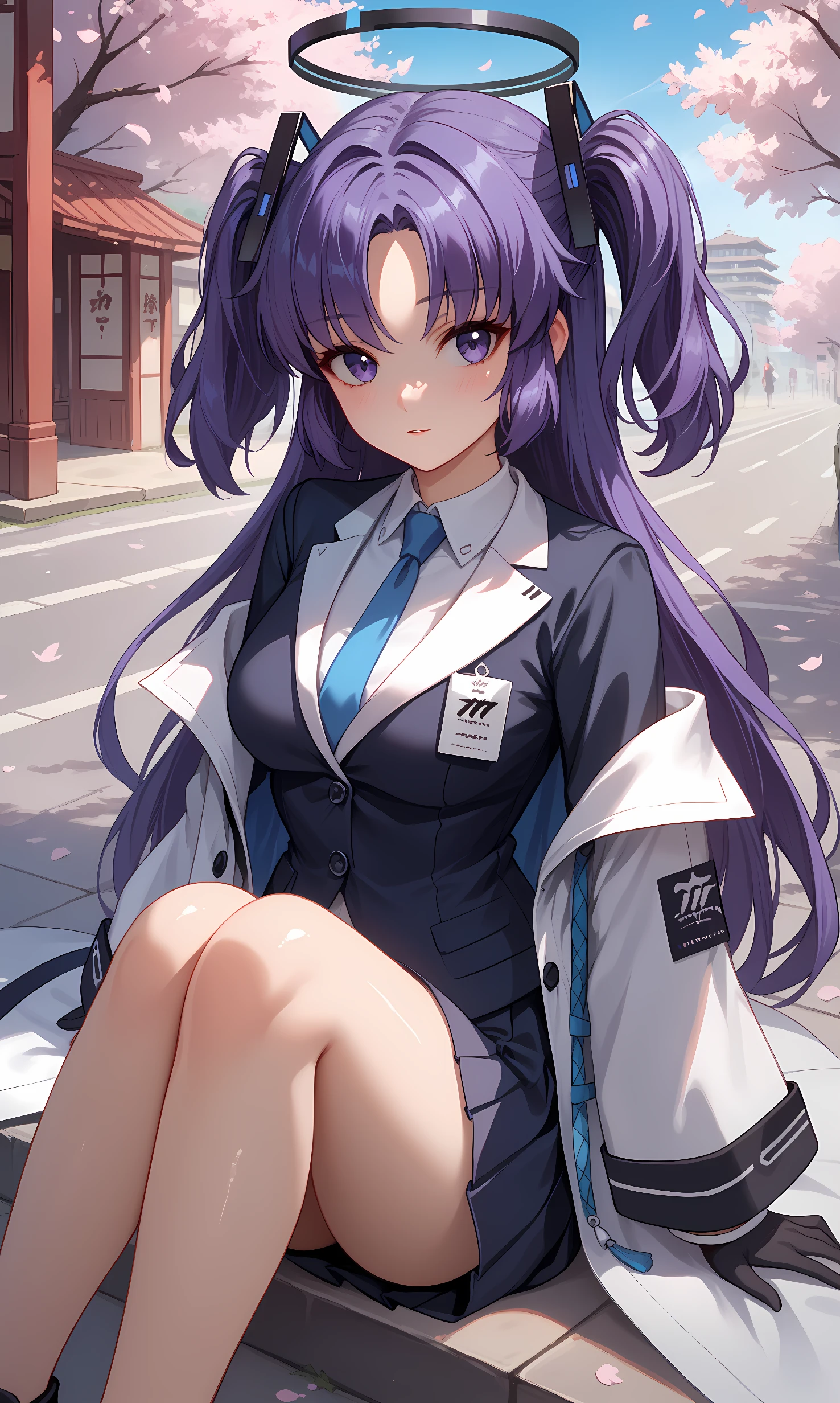 score_9, score_8_up, score_7_up, BREAK source_anime, 1girl, solo, outdoors, street, cherry blossoms, cowboy shot,  looking at viewer, shiny skin, yuuka, purple eyes, purple hair, long hair, two side up, parted bangs, hair ornament, halo, collared shirt, white coat, open coat, off-shoulder coat, black blazer, long sleeves, black gloves, blue necktie, black skirt, pleated skirt, miniskirt, black footwear, close-up, knees up, sitting, floor, nose bulsh